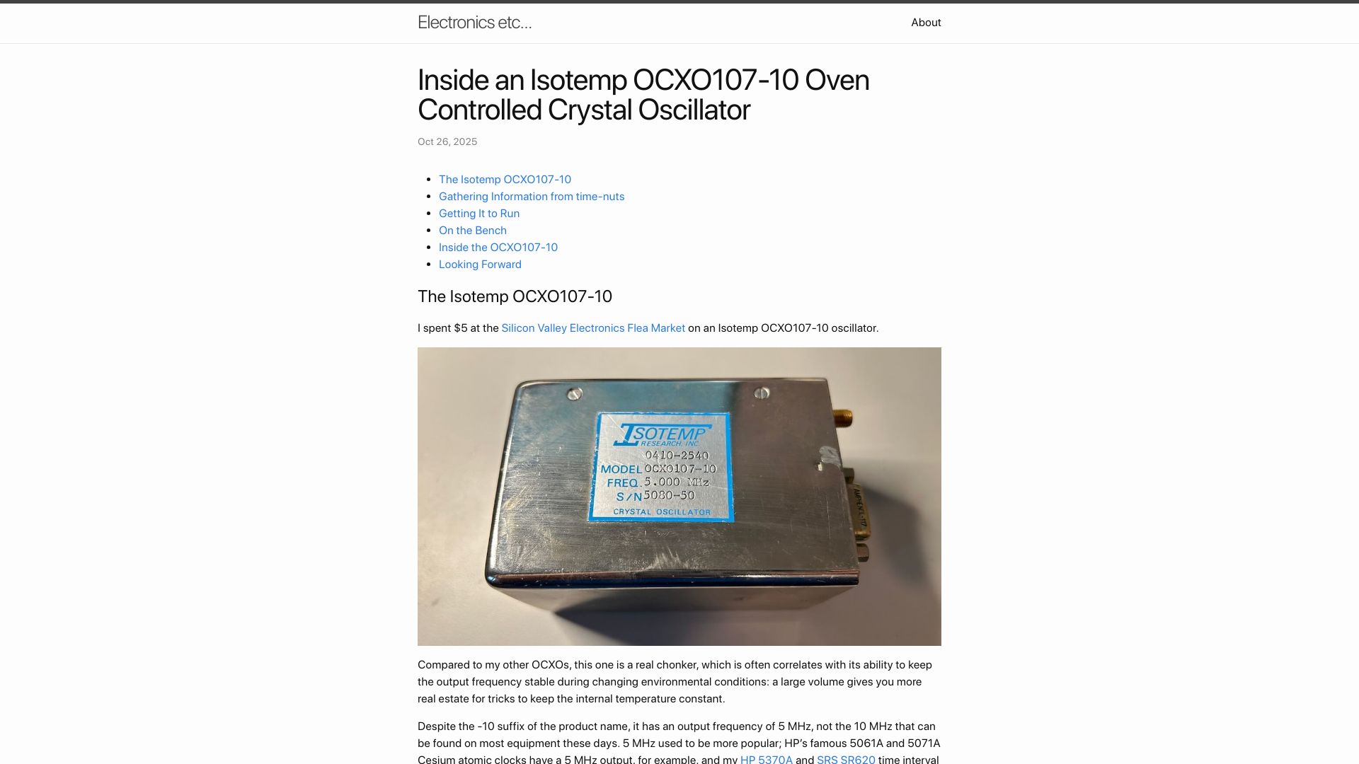 Screenshot of tomverbeure.github.io: Inside an Isotemp OCXO107-10 Oven Controlled Crystal Oscillator