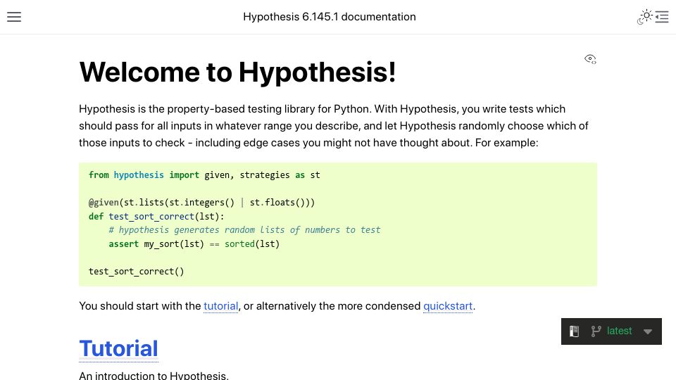 Screenshot of hypothesis.readthedocs.io: Hypothesis: Property-Based Testing for Python