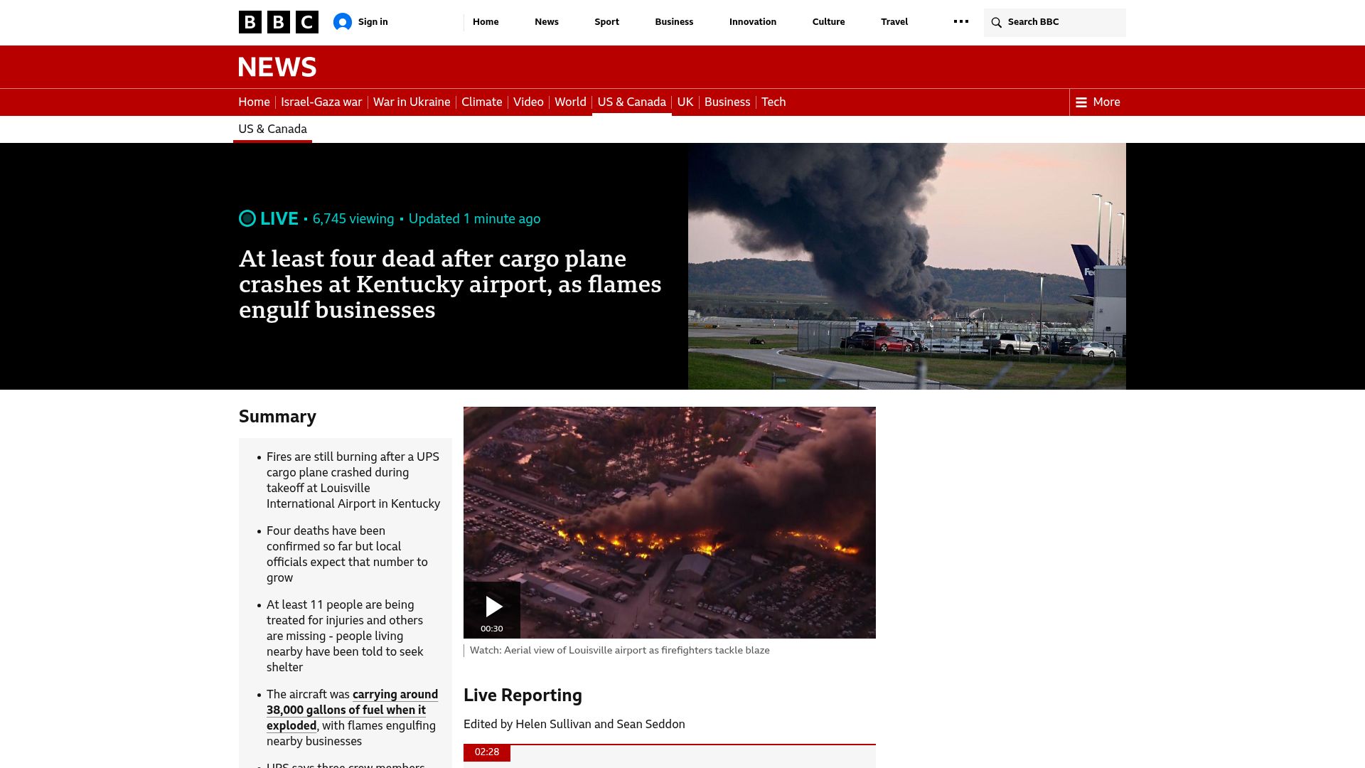 Screenshot of bbc.com: At least 3 dead after cargo plane crashes at Kentucky airport