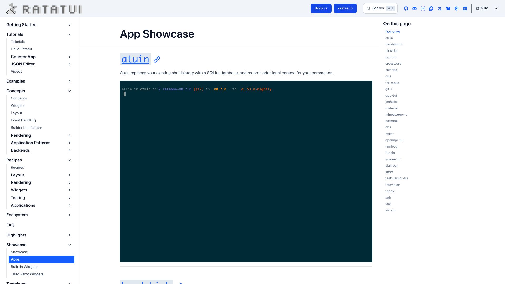 Screenshot of ratatui.rs: Ratatui – App Showcase