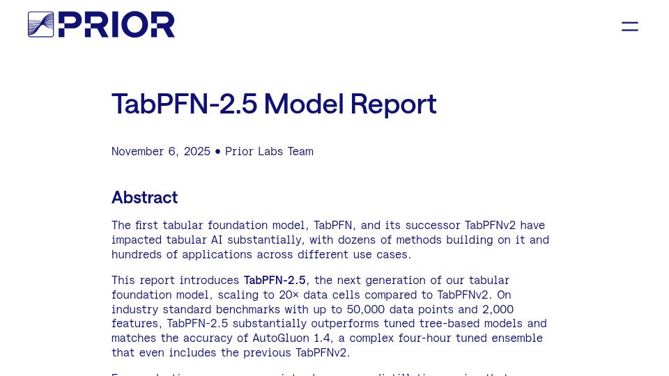 Screenshot of priorlabs.ai: Show HN: TabPFN-2.5 – SOTA foundation model for tabular data