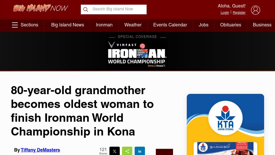 Screenshot of bigislandnow.com: Oldest woman to finish Ironman World Championship in Kona