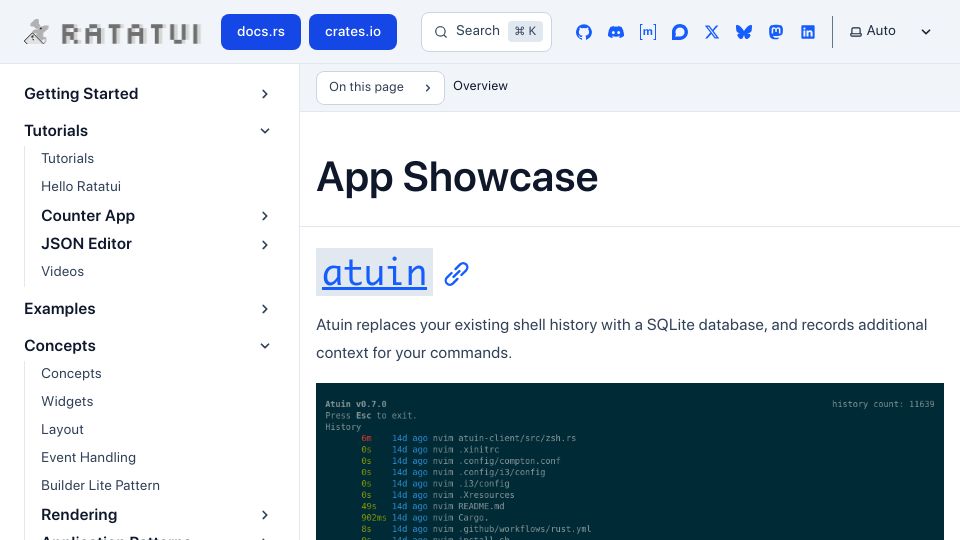 Screenshot of ratatui.rs: Ratatui – App Showcase