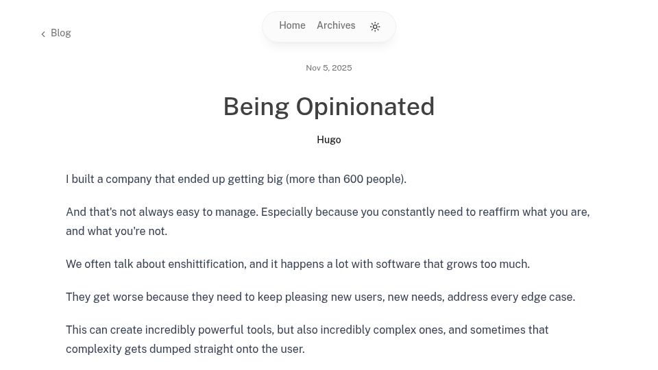 Screenshot of hugo.writizzy.com: Staying opinionated as you grow