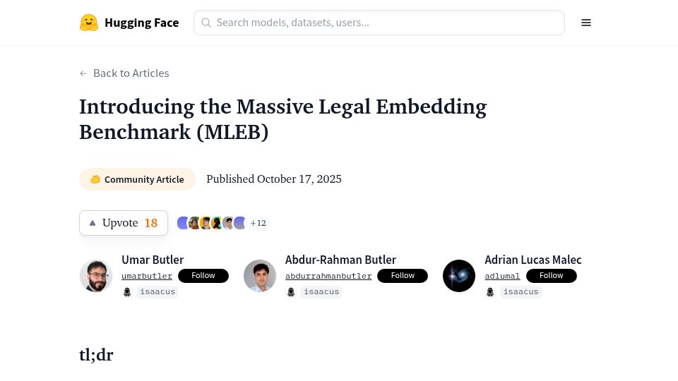 Screenshot of huggingface.co: Show HN: The Legal Embedding Benchmark (MLEB)