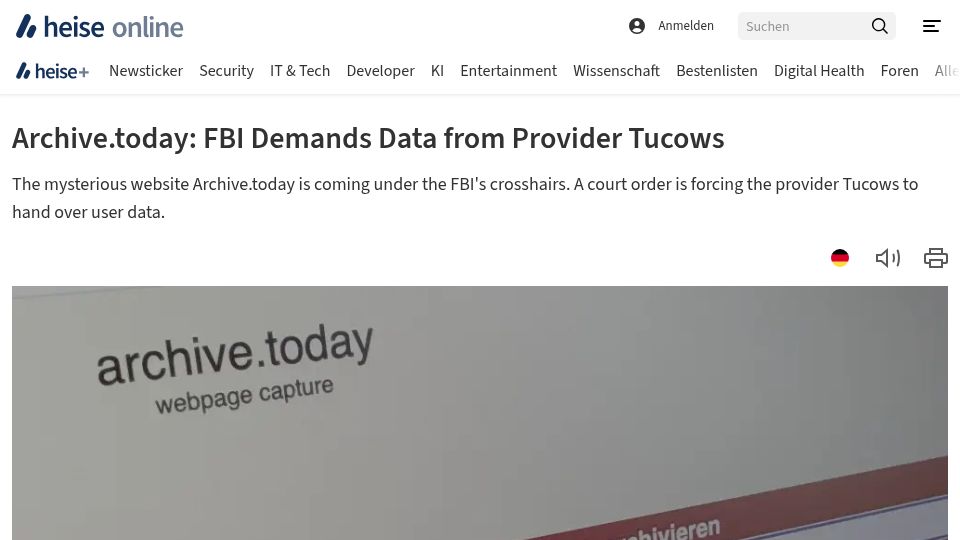 Screenshot of heise.de: FBI tries to unmask owner of archive.is