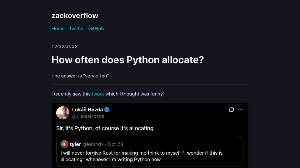Screenshot of zackoverflow.dev: How often does Python allocate?