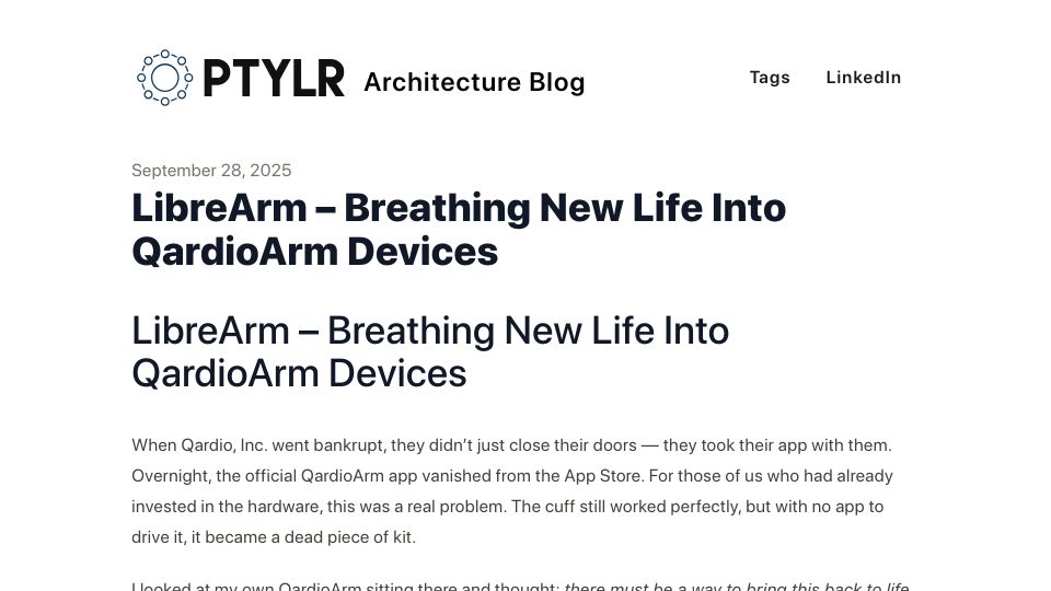 Screenshot of ptylr.com: LibreArm – Breathing New Life into QardioArm Devices