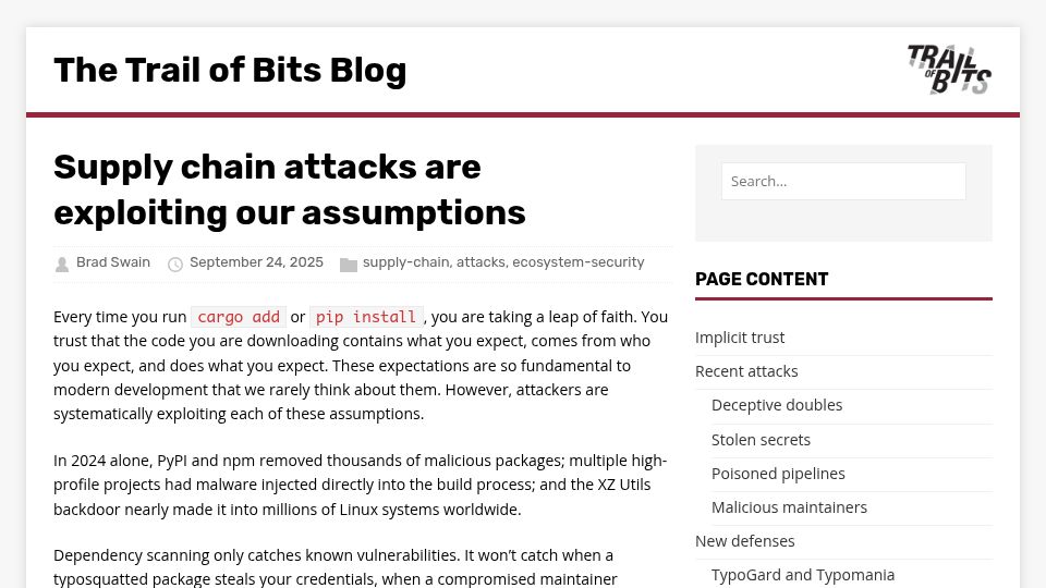 Screenshot of blog.trailofbits.com: Supply chain attacks are exploiting our assumptions