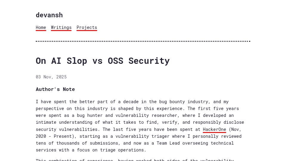 Screenshot of devansh.bearblog.dev: AI Slop vs. OSS Security