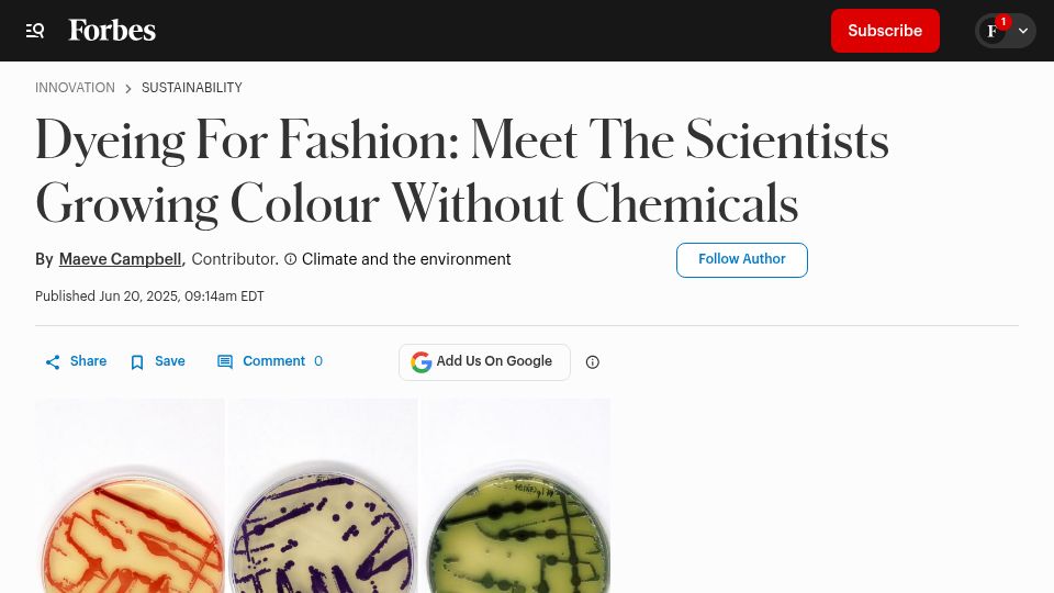 Screenshot of forbes.com: Scientists growing colour without chemicals