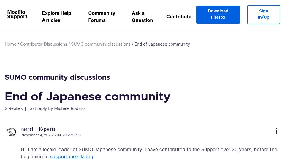 Screenshot of support.mozilla.org: End of Japanese community