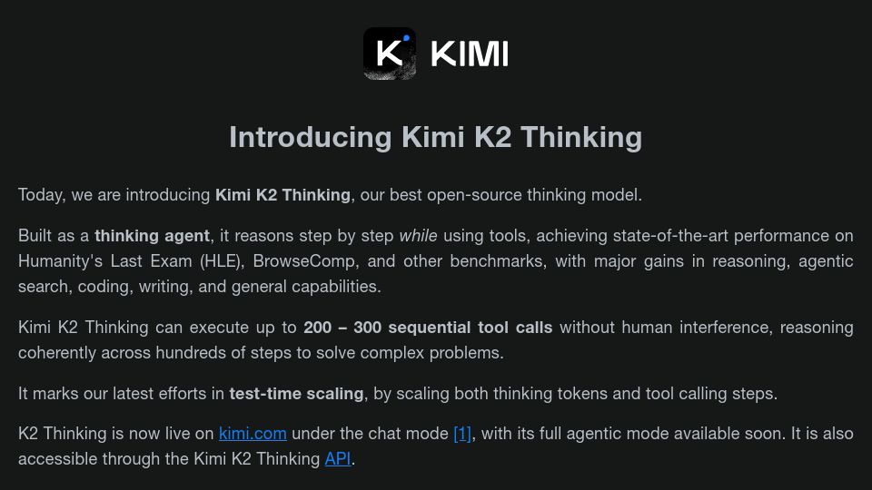 Screenshot of moonshotai.github.io: Kimi K2 Thinking, a SOTA open-source trillion-parameter reasoning model