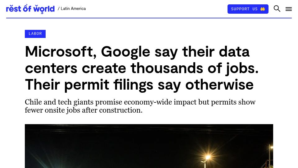 Screenshot of restofworld.org: Microsoft and Google overstate job creation at Chile data centers