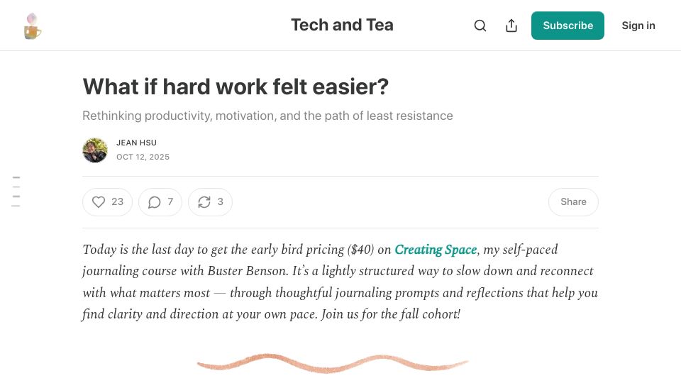 Screenshot of jeanhsu.substack.com: What if hard work felt easier?