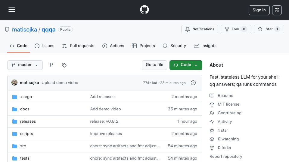 Screenshot of github.com: Show HN: qqqa – A fast, stateless LLM-powered assistant for your shell