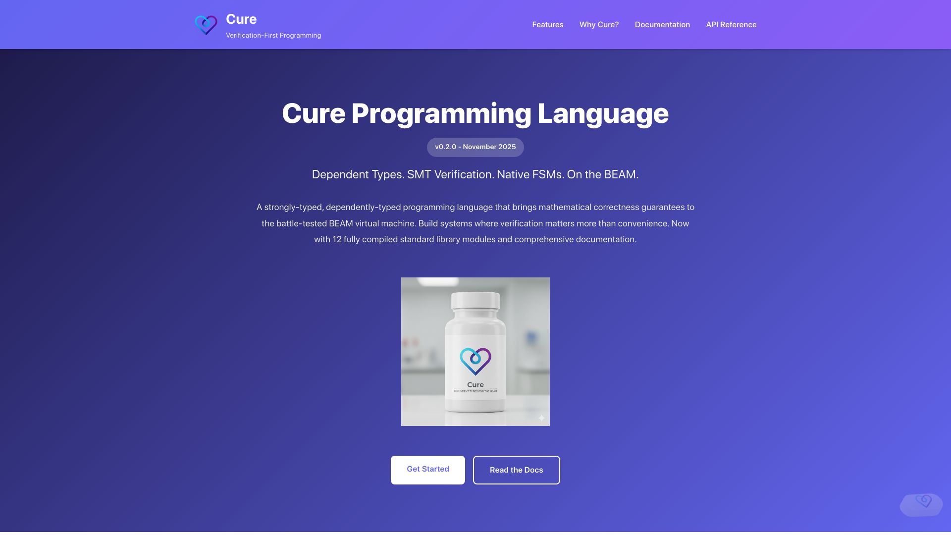 Screenshot of cure-lang.org: Erlang Meets Idris: Cure Programming Language