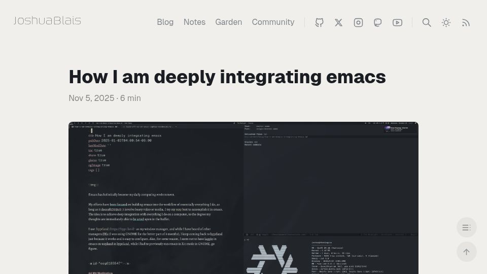 Screenshot of joshblais.com: How I am deeply integrating Emacs