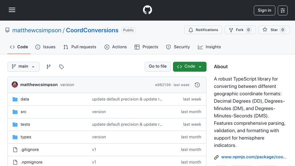Screenshot of github.com: Show HN: CoordConversions NPM Module for Map Coordinate Conversions