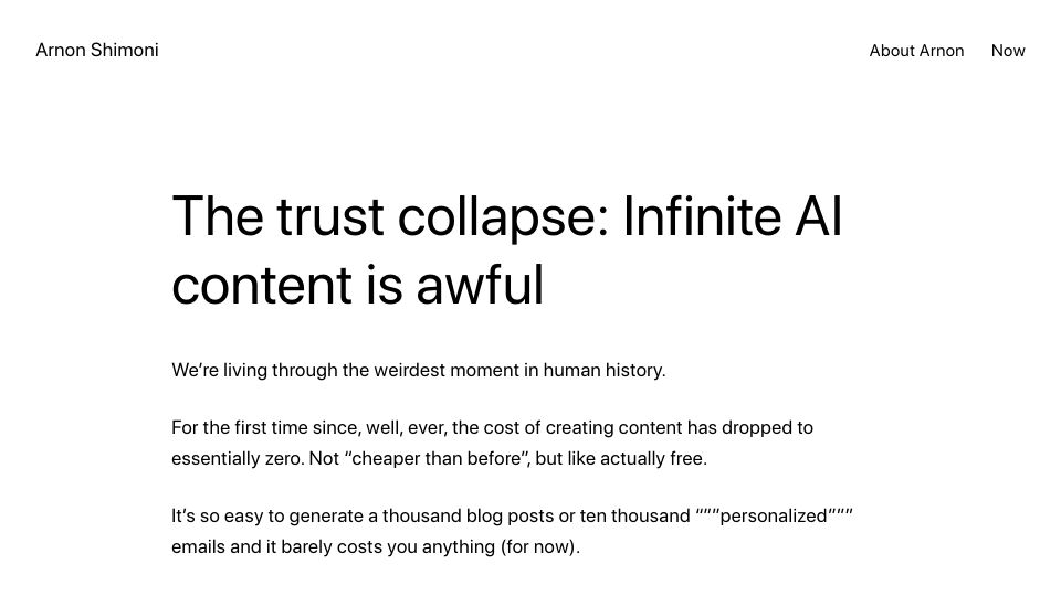 Screenshot of arnon.dk: The trust collapse: Infinite AI content is awful