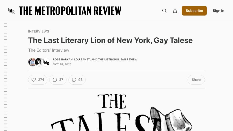 Screenshot of metropolitanreview.org: The Last Literary Lion of New York, Gay Talese
