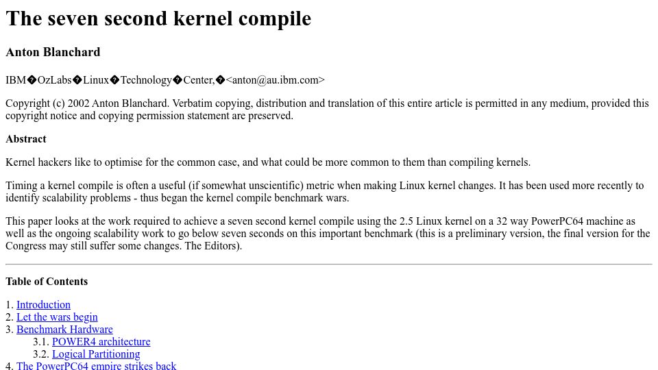 Screenshot of es.tldp.org: The seven second kernel compile