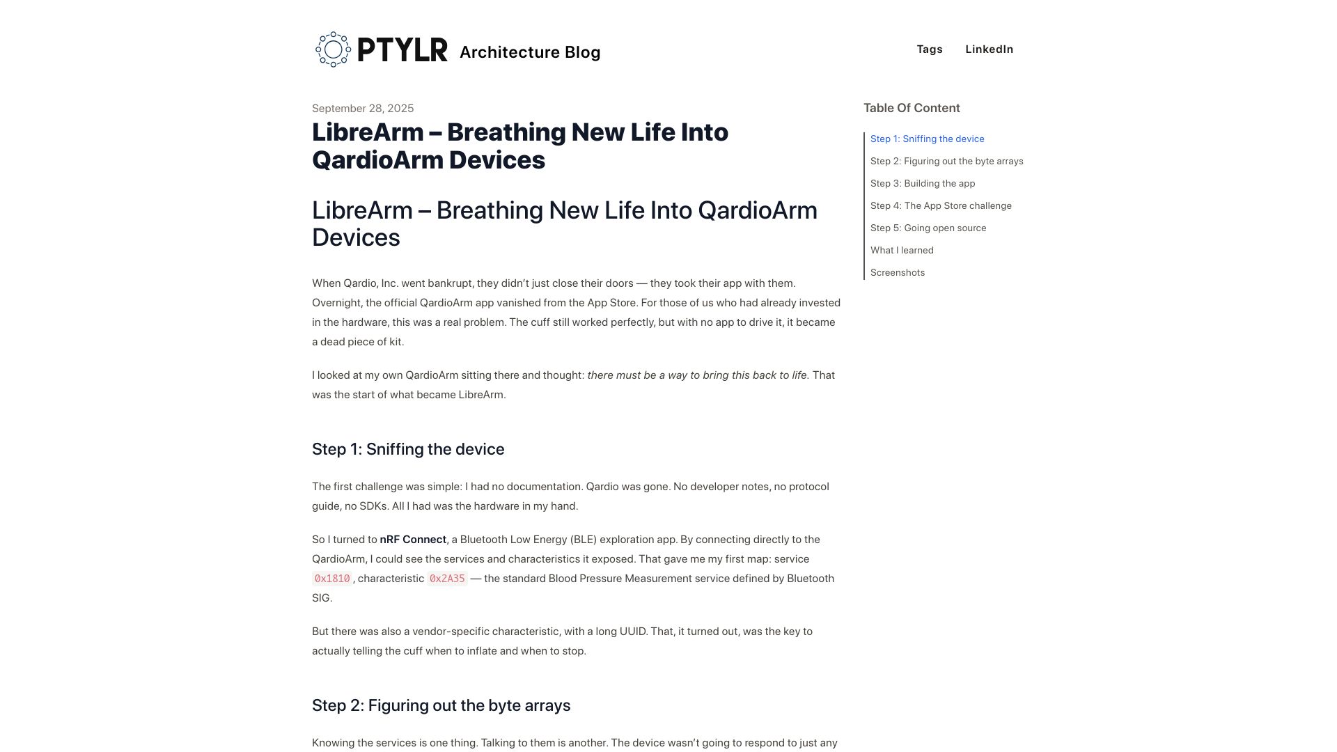 Screenshot of ptylr.com: LibreArm – Breathing New Life into QardioArm Devices