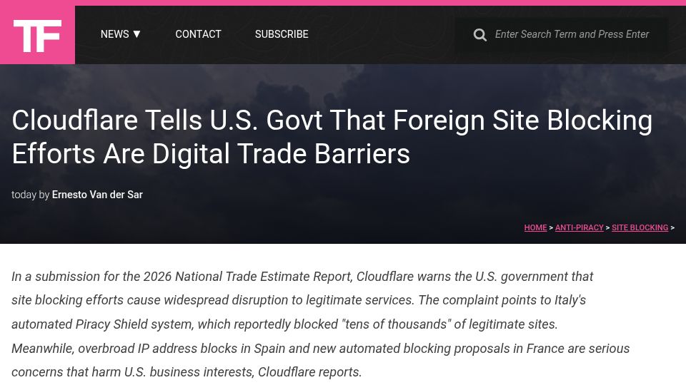 Screenshot of torrentfreak.com: Cloudflare Tells U.S. Govt That Foreign Site Blocking Efforts Are Trade Barriers