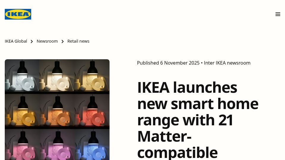 Screenshot of ikea.com: IKEA launches new smart home range with 21 Matter-compatible products