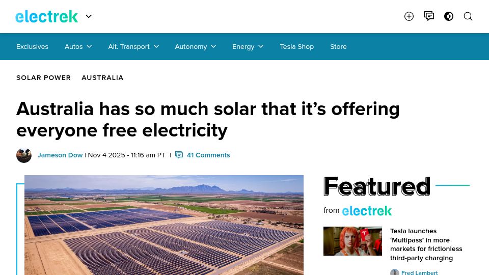 Screenshot of electrek.co: Australia has so much solar that it's offering everyone free electricity