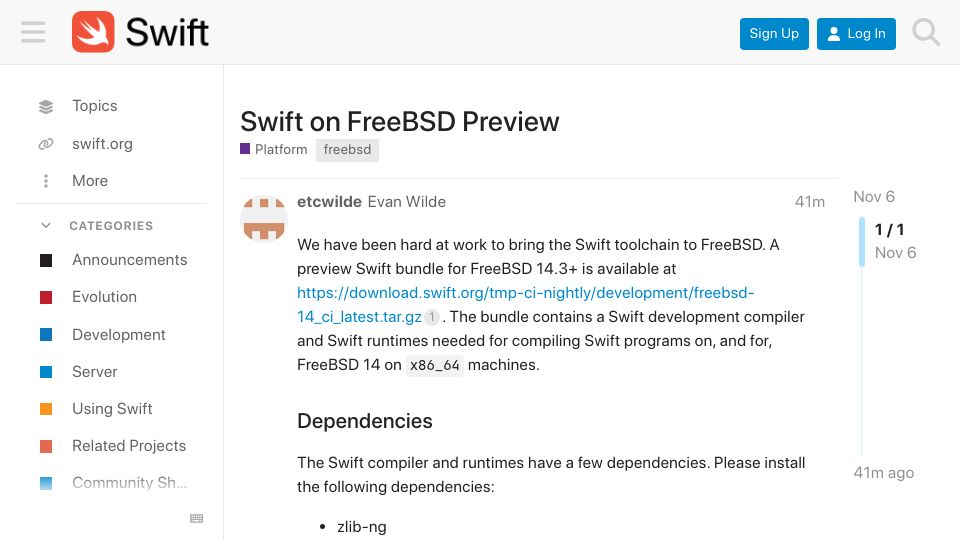 Screenshot of forums.swift.org: Swift on FreeBSD Preview