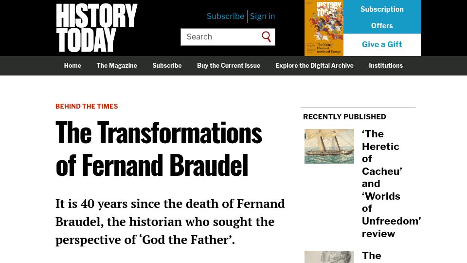 Screenshot of historytoday.com: The Transformations of Fernand Braudel