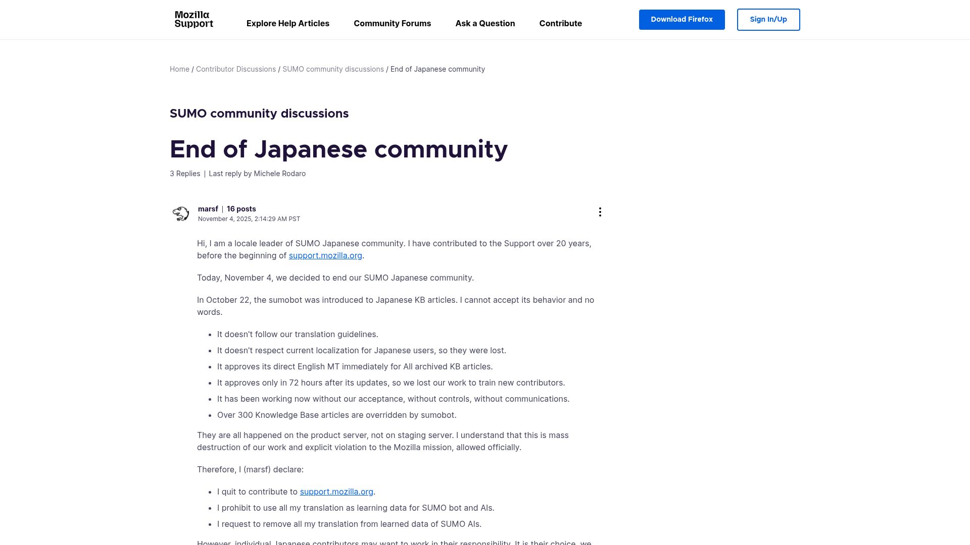Screenshot of support.mozilla.org: End of Japanese community