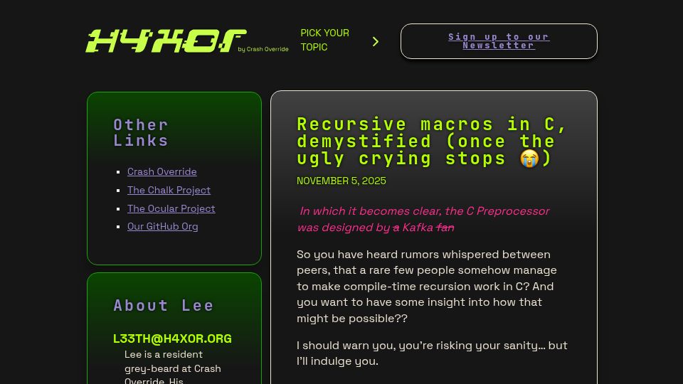 Screenshot of h4x0r.org: Recursive macros in C, demystified (once the ugly crying stops)