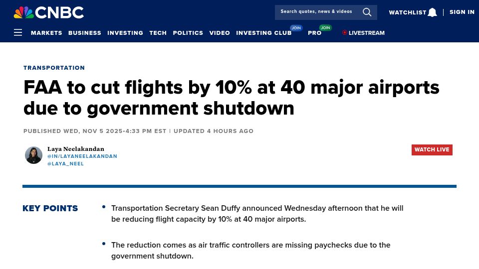 Screenshot of cnbc.com: FAA to cut flights by 10% at 40 major airports due to government shutdown