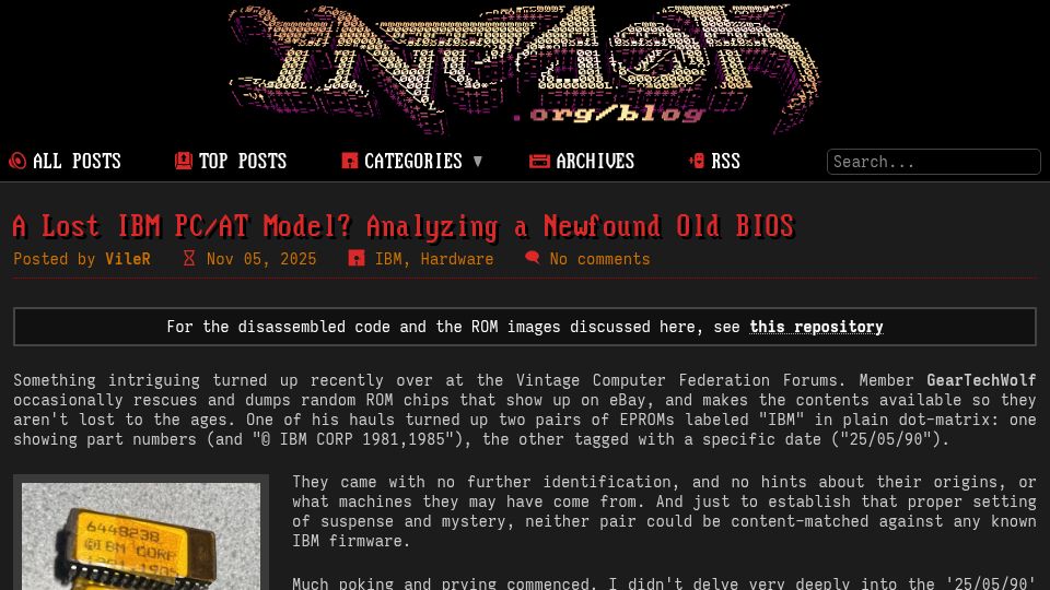Screenshot of int10h.org: A Lost IBM PC/at Model? Analyzing a Newfound Old Bios