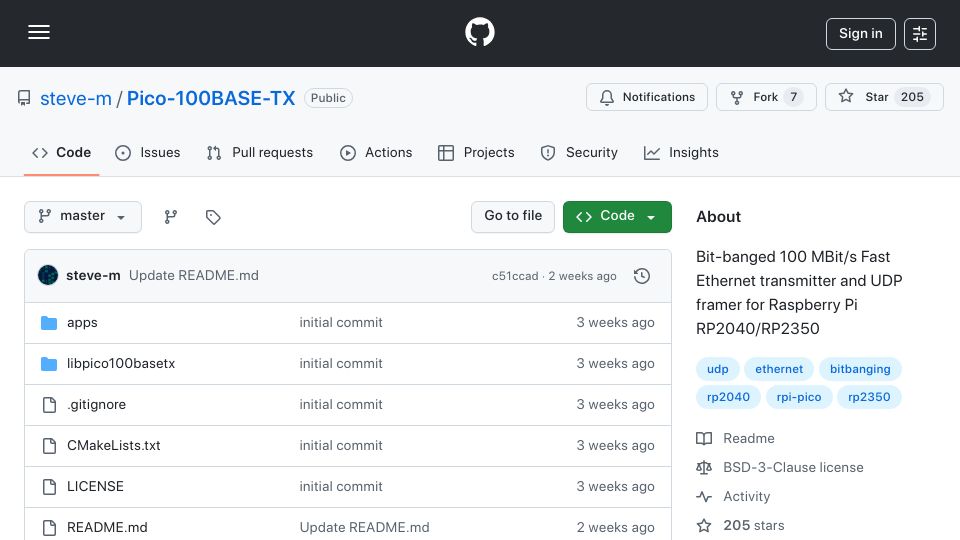 Screenshot of github.com: Pico-100BASE-TX: Bit-Banged 100 MBit/s Ethernet and UDP Framer for RP2040/RP2350