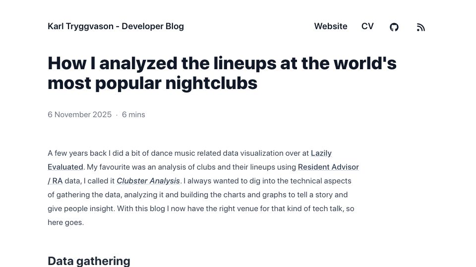 Screenshot of dev.karltryggvason.com: I analyzed the lineups at the most popular nightclubs