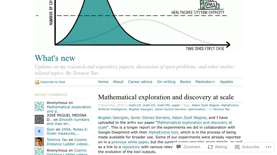 Screenshot of terrytao.wordpress.com: Mathematical exploration and discovery at scale