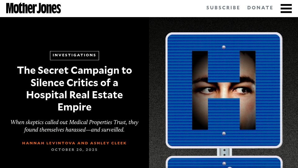 Screenshot of motherjones.com: The secret campaign to silence critics of a hospital real estate empire
