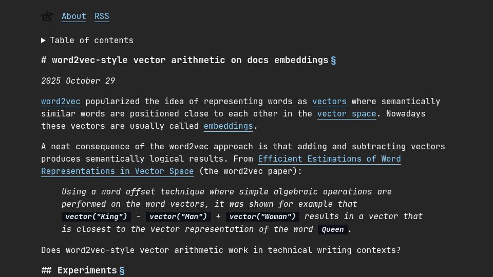 Screenshot of technicalwriting.dev: Word2Vec-style vector arithmetic on docs embeddings