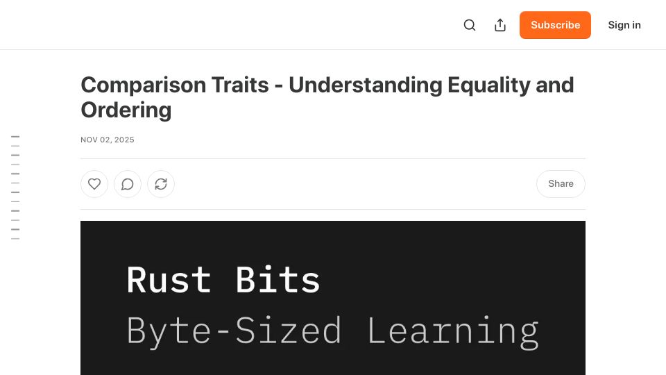 Screenshot of itsfoxstudio.substack.com: Comparison Traits – Understanding Equality and Ordering in Rust
