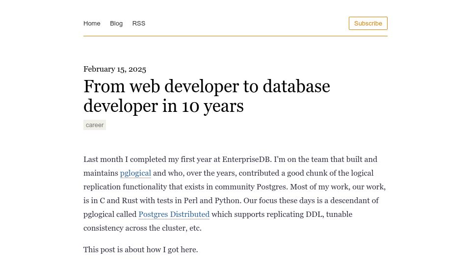 Screenshot of notes.eatonphil.com: From web developer to database developer in 10 years