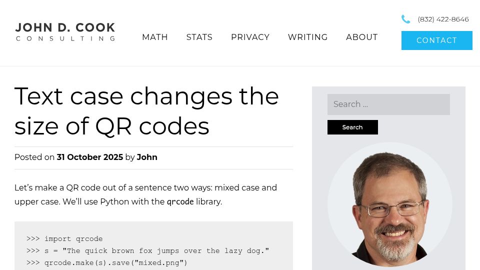 Screenshot of johndcook.com: Text case changes the size of QR codes