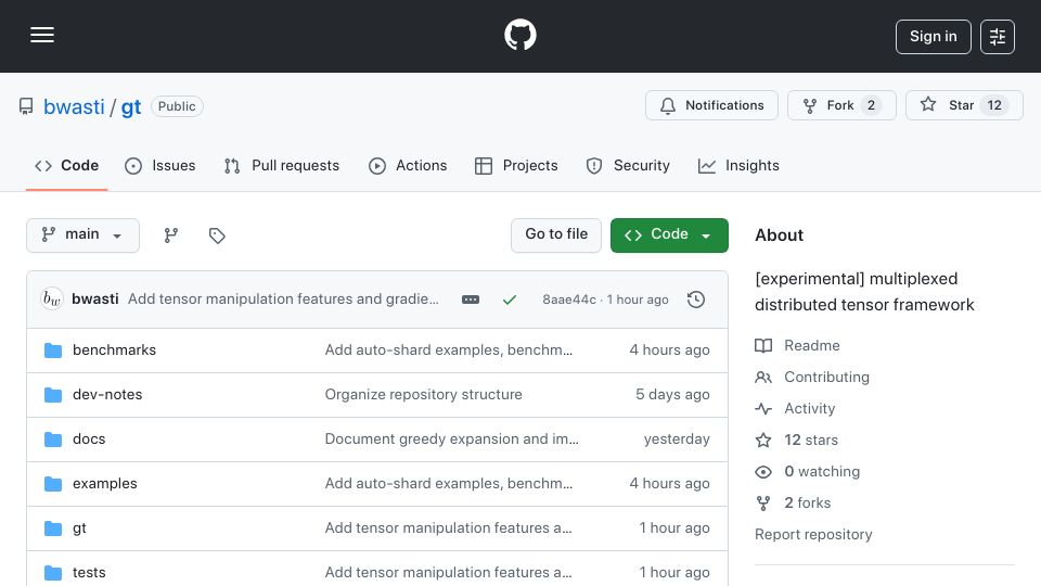 Screenshot of github.com: GT – Experimental multiplexing tensor framework for distributed GPU computing