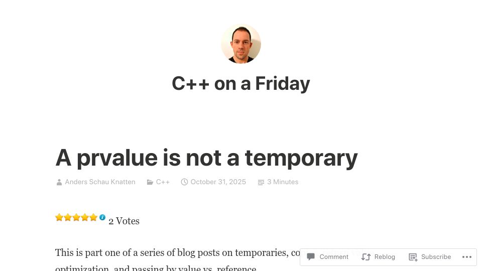 Screenshot of blog.knatten.org: A prvalue is not a temporary