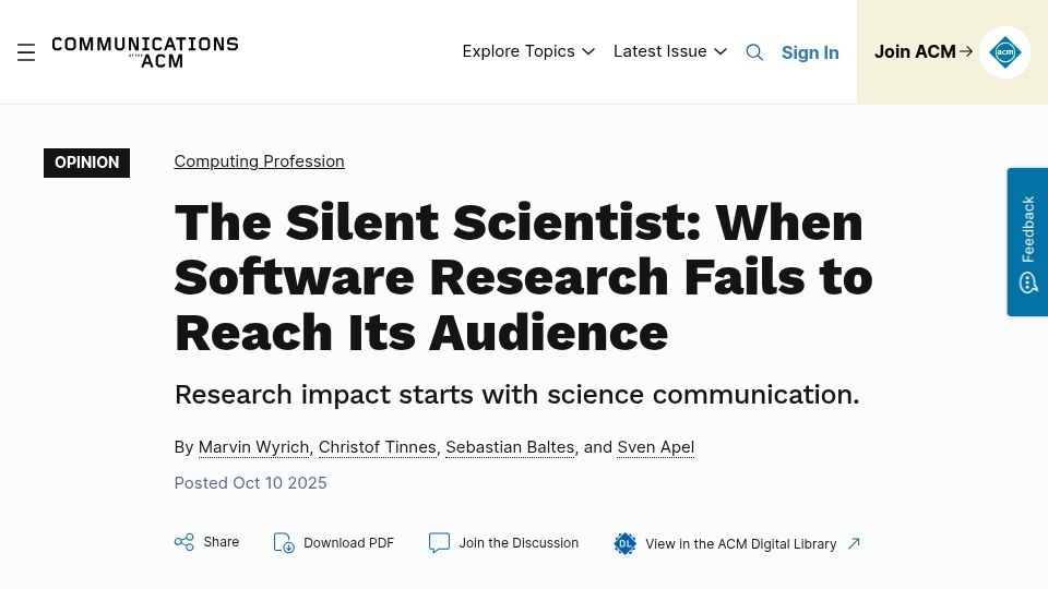 Screenshot of cacm.acm.org: The Silent Scientist: When Software Research Fails to Reach Its Audience