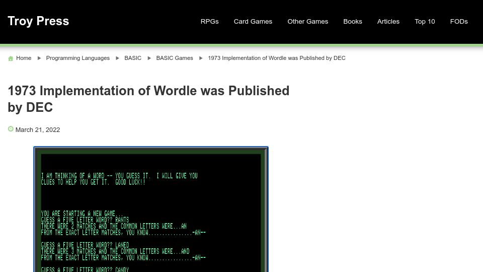 Screenshot of troypress.com: 1973 implementation of Wordle was published by DEC (2022)