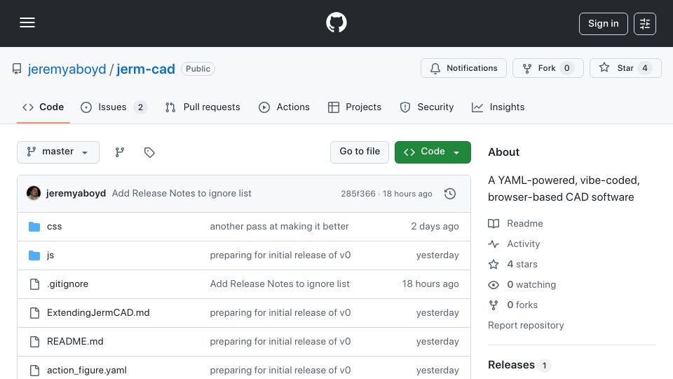 Screenshot of github.com: JermCAD: Browser-Based CAD Software