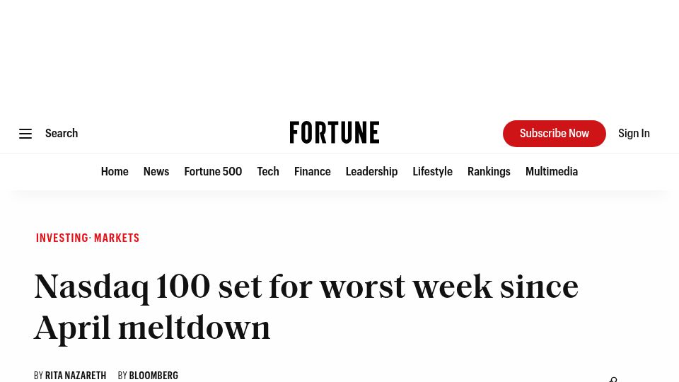 Screenshot of fortune.com: Nasdaq 100 set for worst week since April meltdown